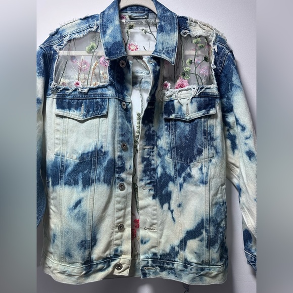 Y2K Canyon River Blues Embroidered Sheer-Panel Tie-Dye Denim Jacket oversized - Picture 15 of 16